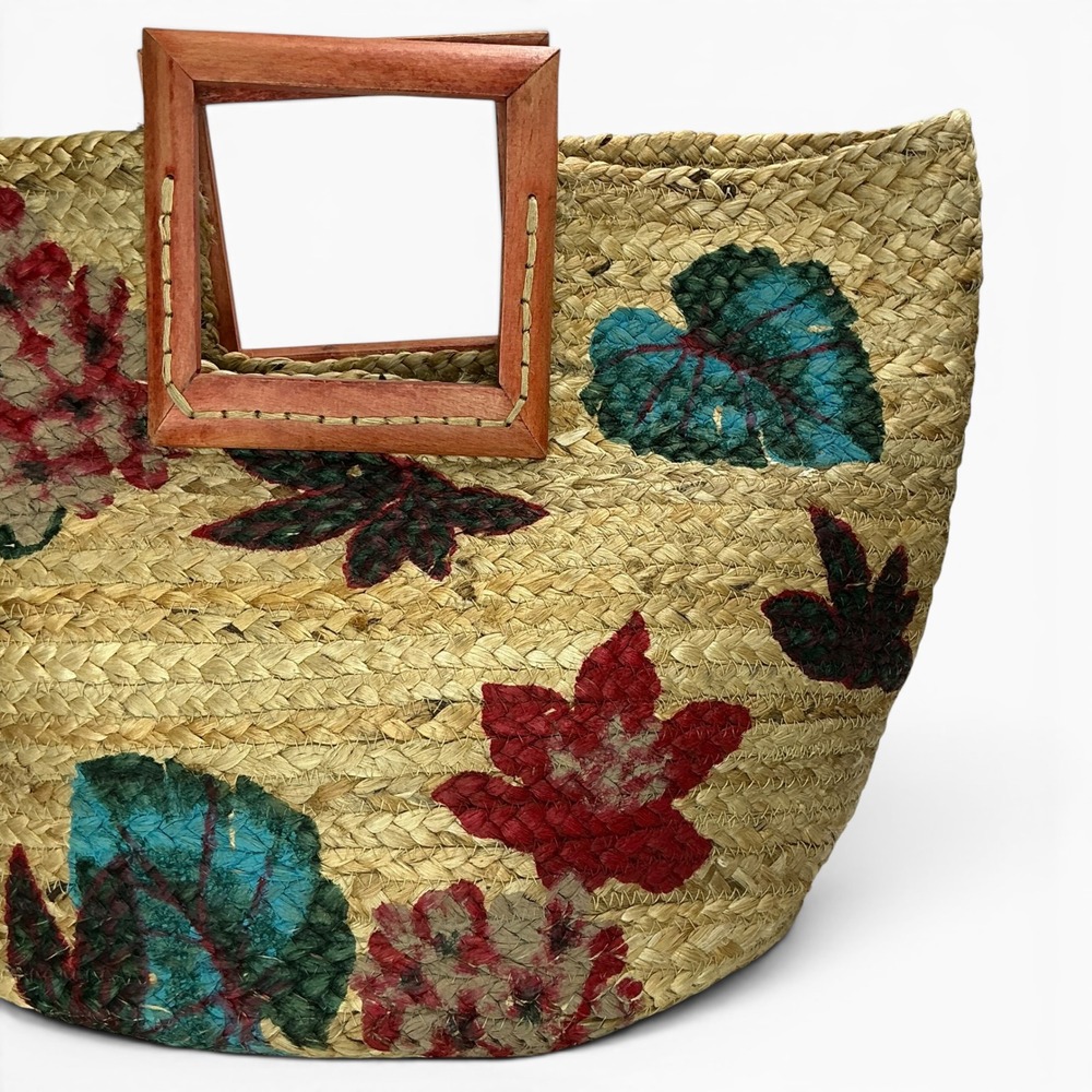 Antik Kraft Tan Floral Jute Tote Bag Women Large Woven Wood Handle Straw Shopper - Picture 3 of 16